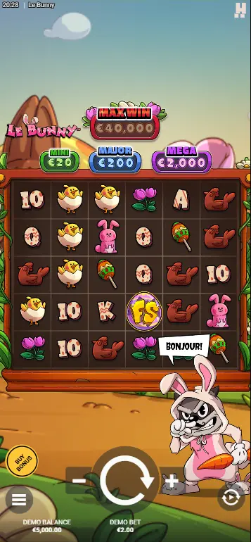 Le Bunny Slot Basisspiel mit Oster-Setting und rosa Hasen-Charakter